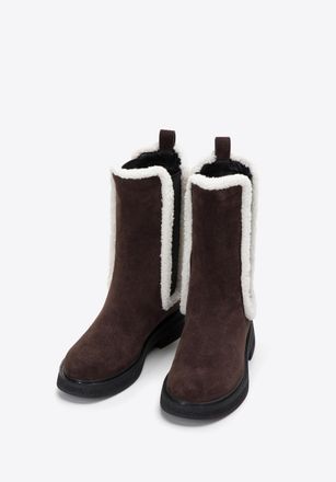 Wittchen Su&egrave;de Chelsea Boots voor dames met imitatie schapenvacht, donkerbruin