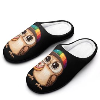 Generic Owl Eats Doughnut Womens Slippers Warm House Slippers Indoor House Shoes with Anti-Skid Rubber Sole