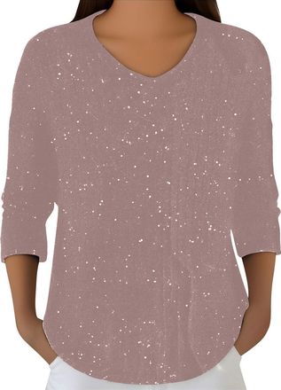 Generic Sparkly Jumpers for Women UK V Neck Shimmer Glitter Loose Sweater Ladies Long Sleeve Elegant Knitted Pullover(Pink, S)