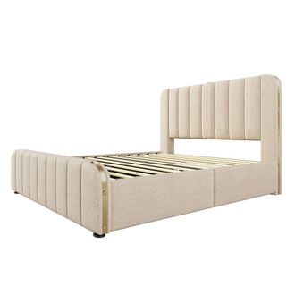 Urban Meuble Cama doble de 140x190 cm de lino beige con cabecero acolchado