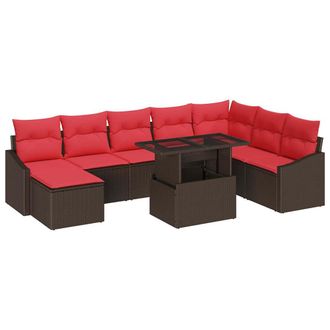 vidaXL Juego De Sof&aacute; 9 Uds. Marr&oacute;n Y Rojo Rat&aacute;n Sint&eacute;tico Vidaxl