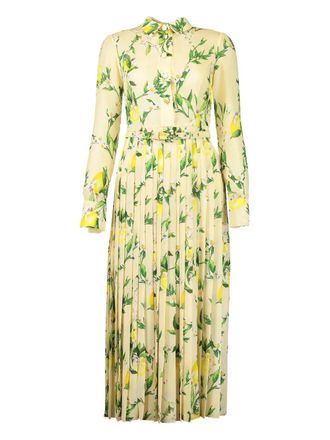 Monique Lhuillier long-sleeves pleated dress - women - Polyester - 2 - Green