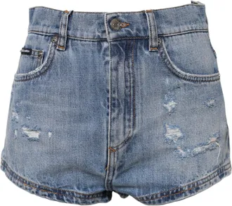 Dolce & Gabbana Womens Blue Logo Plaque Denim Cotton Hot Pants Shorts Elastane