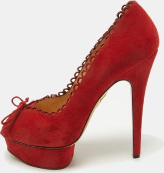 Charlotte Olympia Red Suede Daphne Scalloped Trim Peep Toe Platform Pumps
