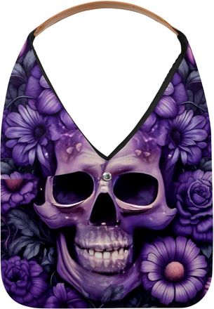Generic Purple Flower and Skull Head Reusable Lightweight Grocery Bags - Foldable Into Compact Pouch, Washable & Sturdy, Multipurpose for Shopping and Travel