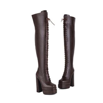 Generic Fashion Womens Gold Snake Print Over-The-Knee Boots, Chunky Block Heel & Square Toe, Side Zipper Winter Thigh High Boots for Women(brown,5.5 UK)