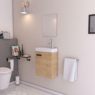 Aurlane Mueble De Ba&ntilde;o Efecto Madera Con Lavabo 41x50x22cm Y Espejo - Smally Wood