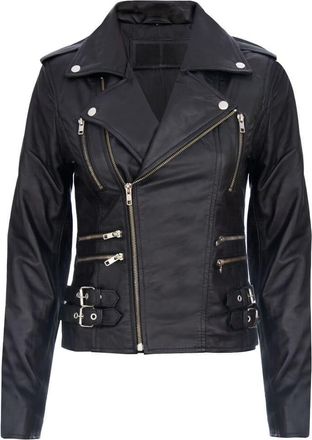 Generic Womens Black Retro 100% Nappa Real Leather Biker Jacket Soft Multi Zip Coat (3XL)