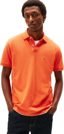 Tommy Hilfiger Mens Short Sleeve Polo Shirts in Classic Fit with Stretch and Organic Pique Cotton, Brilliant Orange, Large