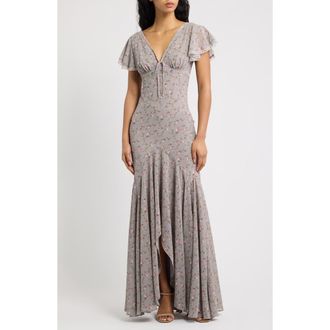 House of CB Amina Floral Flutter Sleeve High-Low Gown in Lilac Vintage Floral Print at Nordstrom, Size X-Small