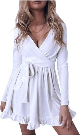 Generic Comfortable Long Sleeve Top for Casual Wear Dress for Women Long Sleeve with Belt V Neck Solid Color Party Swing Dress Long Summer Dress for Women (Wh