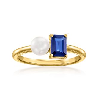 Ross-Simons 5mm Cultured Pearl and. Sapphire Toi Et Moi Ring in 14kt Yellow Gold