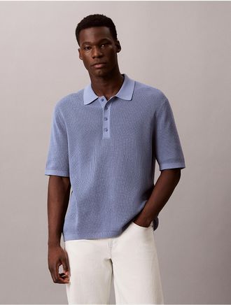 Calvin Klein Jeans Calvin Klein Mens Waffle Cotton Polo Sweater - Medium Blue - 2XL