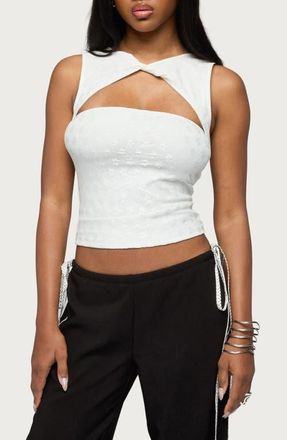 Edikted Elisia Twist Neck Cutout Floral Lace Crop Top in White at Nordstrom, Size X-Large