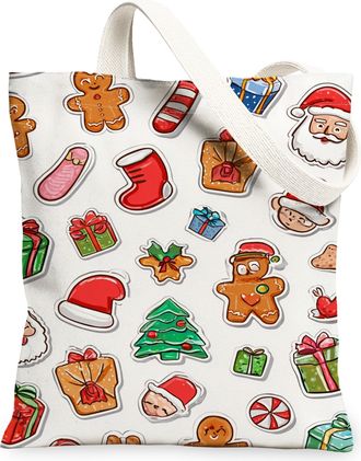 Generic Christmas Icons Canvas Tote Bags, Festive Holiday Pattern Reusable Grocery Bags, Lightweight Washable Shoulder Strap Canvas, White, 13x15 Inch