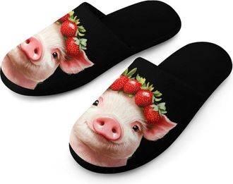 Generic Cute Pigs with Strawberry Mens Flannel Slipper Soft Non Slip House Shoes Comfy Winter Warm Indoor Outdoor Slippers