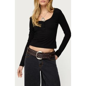 Edikted Leah V-Neck Crop Henley Top in Black at Nordstrom, Size X-Small