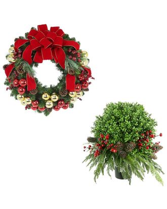 Creative Displays Inc. Modern Holiday Set With 26In Christmas Wreath & Uv-Rated Boxwood Drop-In