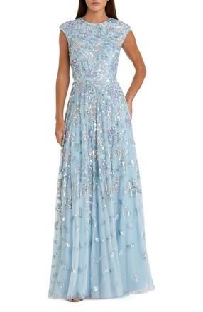 Mac Duggal Sequined High Neck Cap Sleeve A Line Gown in Ice Blue Multi at Nordstrom, Size 16