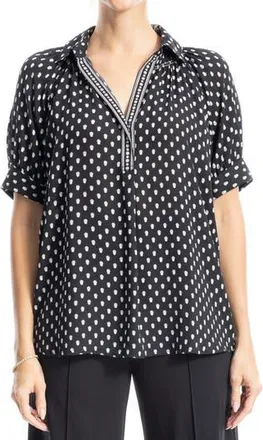 Max Studio Short Sleeve Crepe Blouse in Black/Ecru Shadow Dots at Nordstrom Rack, Size X-Small
