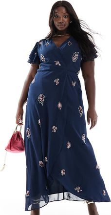 Hope & Ivy embellished frill sleeve maxi wrap dress with tie waist in navy