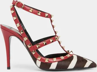 Valentino Garavani 100mm Rockstud Zebra Calf Hair Ankle-Strap Pumps