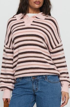 Princess Polly Jeanny Collared Stripe Sweater in Brown /Pink Stripe at Nordstrom, Size X-Small