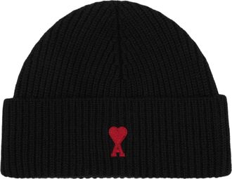 Ami FW25 Contrasted Ami De Coeur Wool Beanie Black BFUHA116-018-009