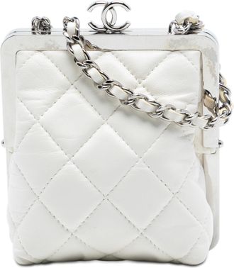 Chanel Pre-owned Womens Lambskin And Acrylic Kiss Clutch With Chain - White Leather - One Size