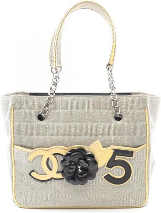 Chanel Black Gray Yellow Canvas Patent Leather Handbag Tote Bag (Pre-Owned)