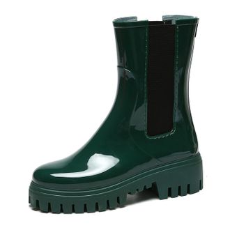 Pangolin Womens Waterproof Chelsea Ankle Wellies, Pull-On PVC Wellington with Elastic Side Panels, Chunky Platform Lug Sole, Anti-Slip Wet Weather Boots Green 