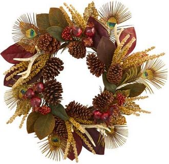Nearly Natural 27-in Magnolia Leaf, Berry, Antler and Peacock Feather Artificial Wreath in Assorted at Nordstrom