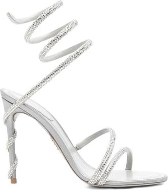 Rene Caovilla Schoenen, Dames, Grijs, 39 EU, Satijn, Satijnen stiletto met slangendetail en kristallen enkelband