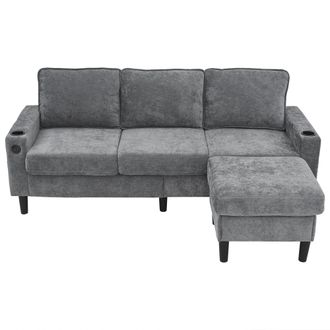 STILVORA Sof&aacute; Esquinero Reversible 3 Plazas En Lino Con Puff M&oacute;vil, 2 Portavasos, 2 Puertos Usb Y Type-c, Gris