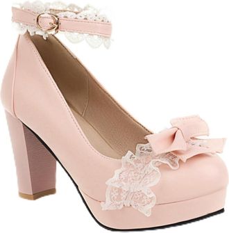 Generic Womens Chunky Heel Lolita Shoes Platform Ankle Strap Pumps Sweet Style Mary Jane Heels for Party,Pink,7.5 UK