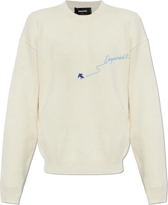 Dsquared2 Sweater met geborduurd logo - Heren - Ronde hals truien - Beige - L - Wol - Truien & Vesten