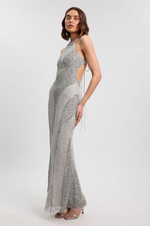 Karen Millen Womens Crystal Embellished Halter Woven Maxi Dress - Silver - Size 14 UK