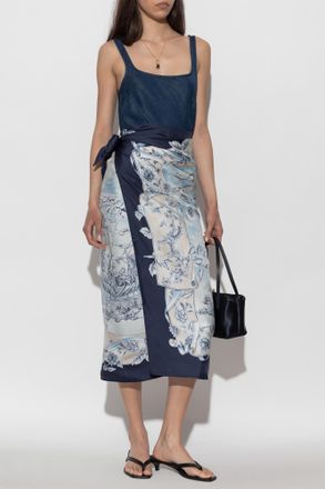 Ferragamo Silk Pareo With Floral Motif, Womens, Navy Blue