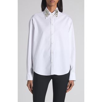 Alexander McQueen Crystal Embellished Cotton Poplin Button-Up Shirt in Opticalwhite at Nordstrom, Size 6 Us
