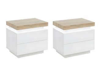 Vente-Unique Conjunto de 2 mesitas de noche - 2 cajones - MDF Lacado - Con LEDs - Color: Blanco y roble - HALO II