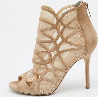 Jimmy Choo London Beige Lace And Suede Flaunt Ankle Booties