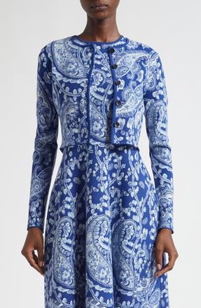 Etro Paisley Jacquard Crop Cardigan in Multicolor On Blue Base at Nordstrom, Size 12 Us