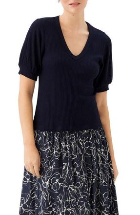 Karen Kane Puff Sleeve Rib V-Neck Top in Navy at Nordstrom, Size X-Small