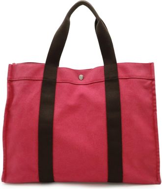 Herm&egrave;s Dark Brown Pink Canvas Shoulder Bag Tote Bag (Pre-Owned)