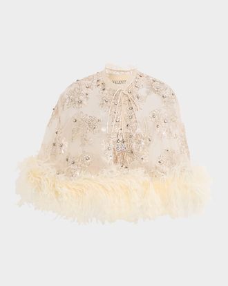 Valentino Garavani Floral Embroidered Cape With Feather Trim