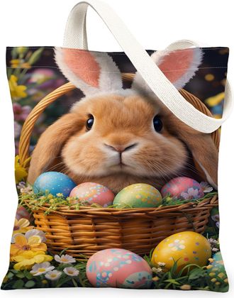 Generic Easter Rabbit Canvas Tote Bags, Colorful Floral Design Reusable Bags, Spring Vintage Lightweight Washable Canvas for Beach, Multicolor, 13x15 Inch