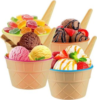 OEM Juego De 4 Piezas De Cuencos Y Cucharas Para Helado, Pl&aacute;stico Resistente En Colores Pastel, Bonitos Cuencos Para Postres, Ideal Para Fiestas