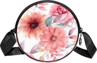 Generic Circle Crossbody Bag for Women, Floral Leaves Small Sling Bag Daypack with Zipper Adjustable Shoulder Straps Casual Ladies Girls Round Purse