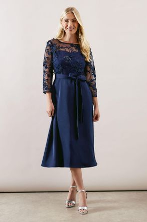 Wallis Womens Petite Occasion Satin and Mesh Overlay Fit And Flare Dress - Navy - Size 14 UK