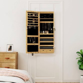 Berkfield Home Mirror Jewellery Cabinet with LED Lights Wall Mounted in Brown